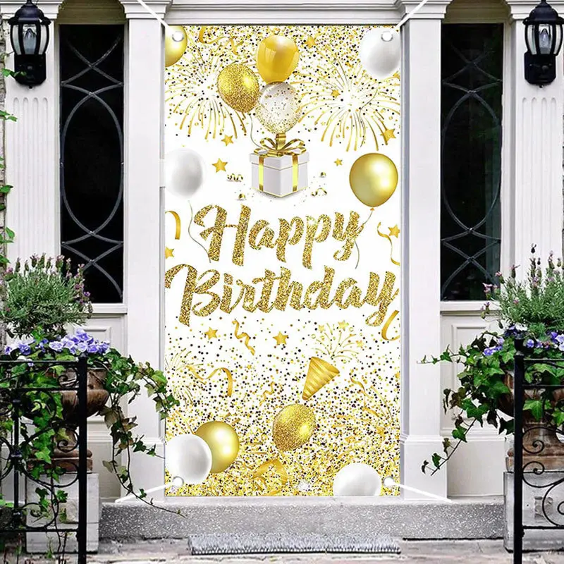 Golden Glitter Balloons Happy Birthday Door Cover - Aperturee