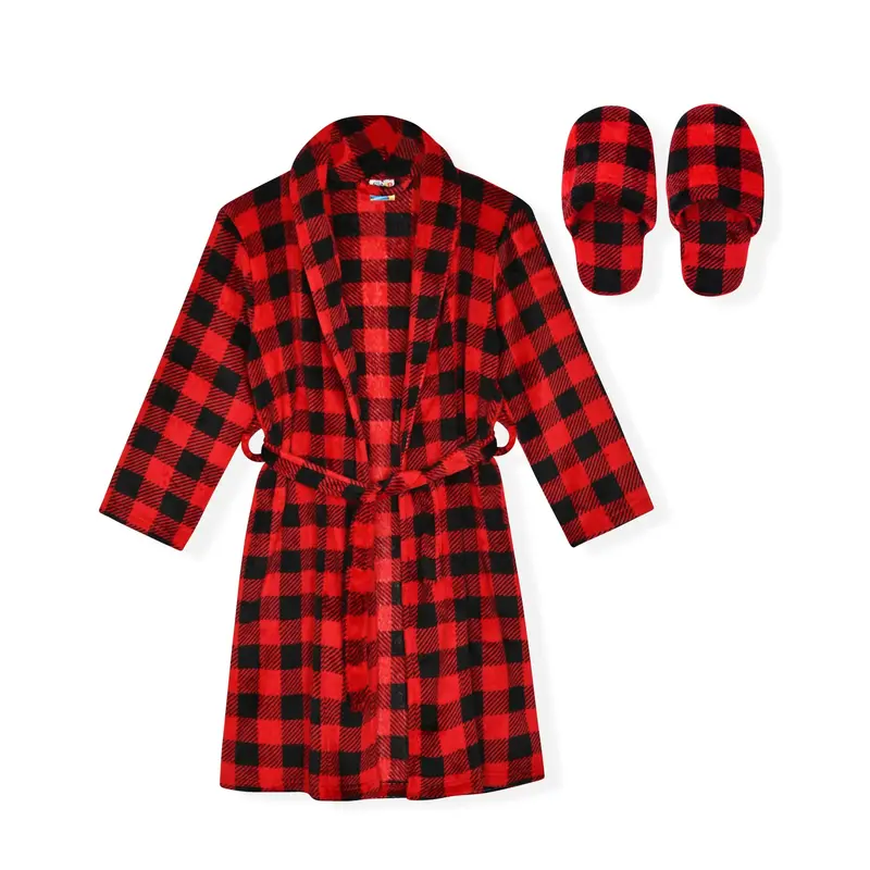 Sleep On It Boys Flannel Fleece Shawl Collar Robe with Matching Slippers - Red Plaid Family Matching