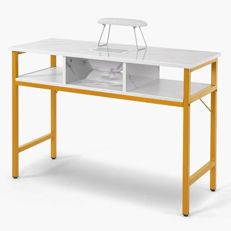 Manicure Table Electric Dust Collector Nail Station Marble Grained Foldable Wrist Rest Gold Table Leg Spa Salon Workstation