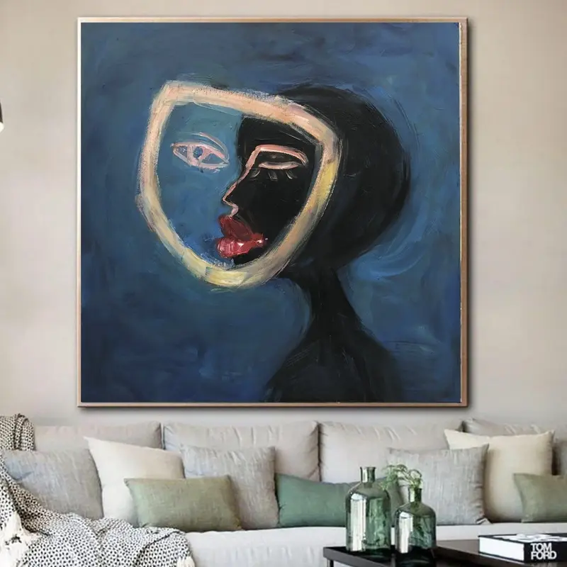 Large Abstract Face Painting Oil Original Art Female Face Painting on Canvas Woman Face Wall Art Dark Blue Canvas Art Decor |...