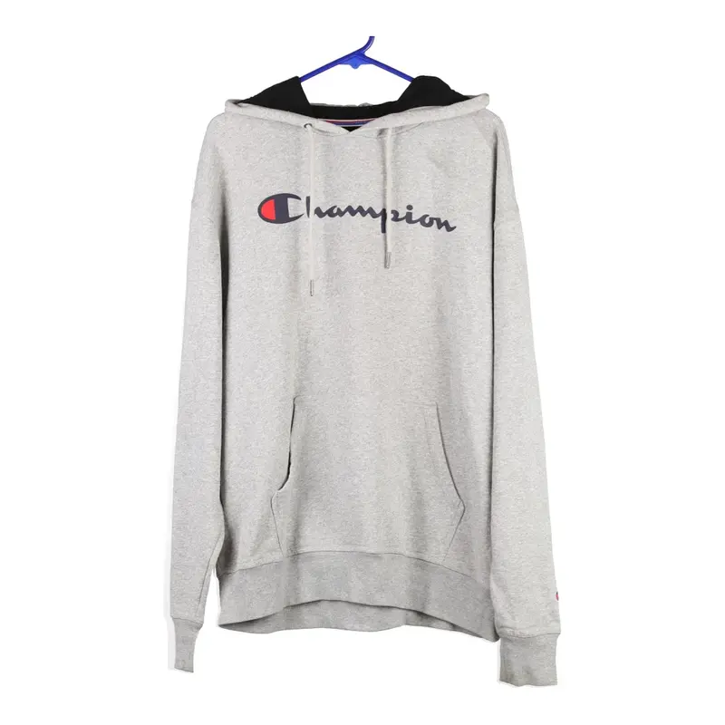 Champion Spellout Hoodie - Large Grey Cotton Blend
