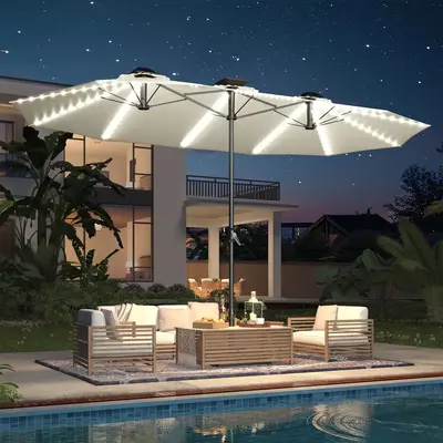 [No Base] 15ft Patio Umbrella with Solar Lights, Large Double Umbrella Outdoor Patio LED Lights and Crank Handle Cream(1.9\
