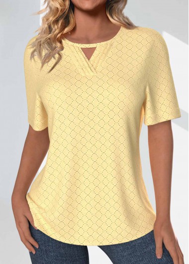 Modlily Light Yellow Jacquard Short Sleeve Round Neck T Shirt - XL