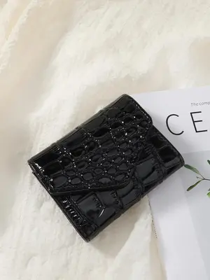 Women's Summer Simple Plain Crocodile Embossed Pattern Pu Leather Card Holder, Multi-card Card Holder, Solid Color Bifold Wal...