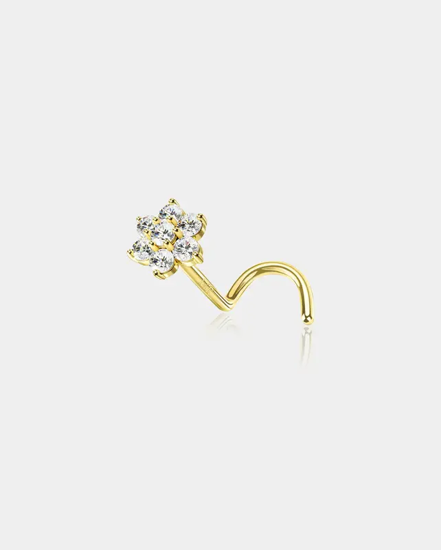 14K Gold CZ Flower Screw Nose Stud