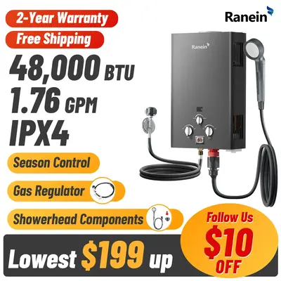 Ranein 8L Tankless Water Heater, Propane Gas, Outdoor Up to 2.11 GPM, 48,000 BTU On-Demand Instant Hot Water Heater