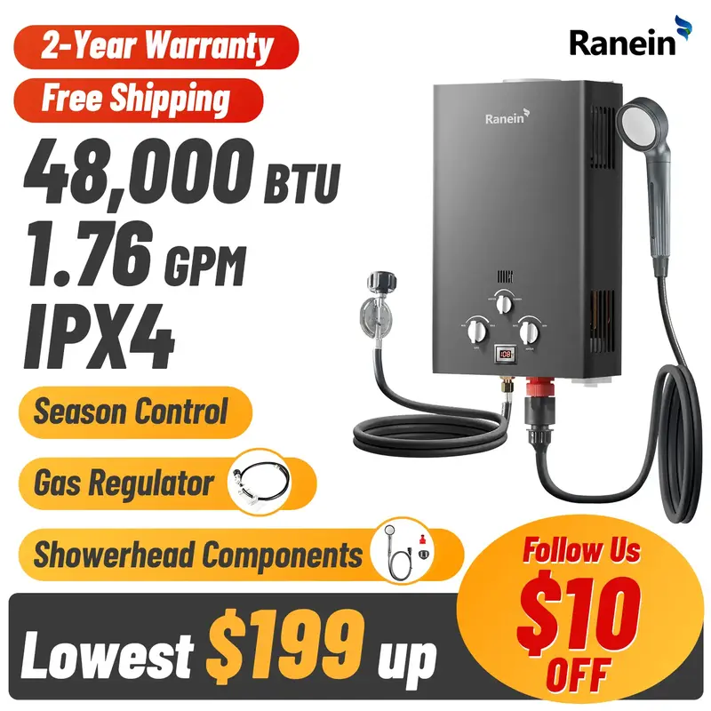 Ranein 8L Tankless Water Heater, Propane Gas, Outdoor Up to 2.11 GPM, 48,000 BTU On-Demand Instant Hot Water Heater
