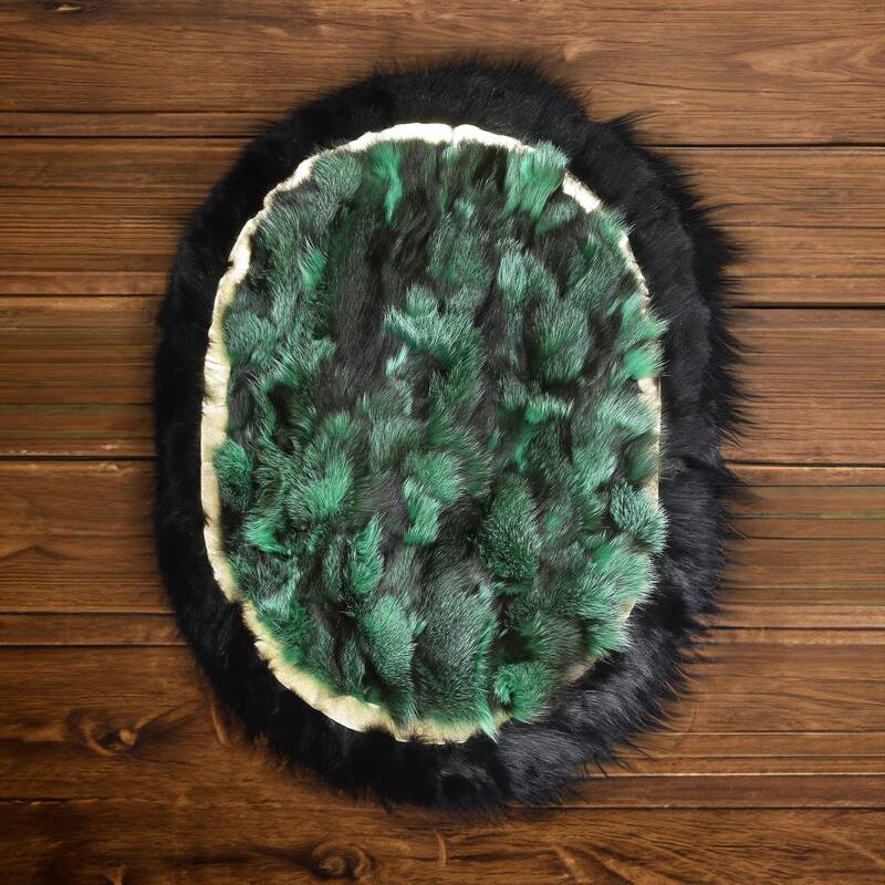 Green & Black Fox Fur Oval Rug with Gold Frame