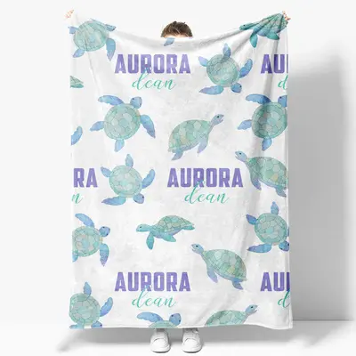 Green Cute Sea Turtle White Custom Name Blanket - Aperturee