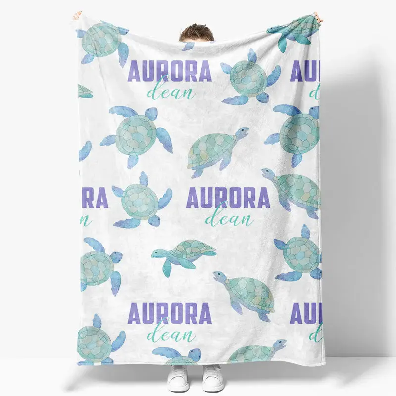 Green Cute Sea Turtle White Custom Name Blanket - Aperturee