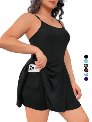 ćPlus SizećPlain Backless Pocket 2 IN 1Ā Cami Dress, Casual Adjustable Strap Short Dress, Women's Plus Size Clothing for ...