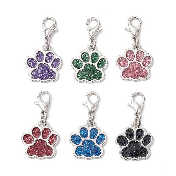 6Pcs 6 Colors Dog Paw Print Alloy Enamel Pendant Decorations
