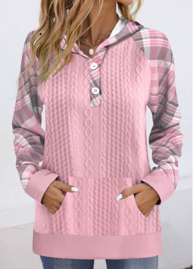 Modlily Pink Button Plaid Long Sleeve Hoodie - XL