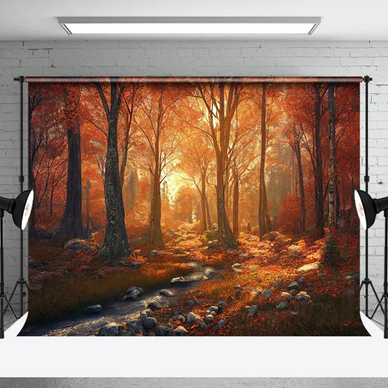 Cozy Red Maple Forest Stream Stones Autumn Backdrop - Aperturee