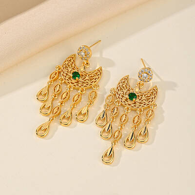 Golden Crescent Moon Tassel Brass Dangle Stud Earrings