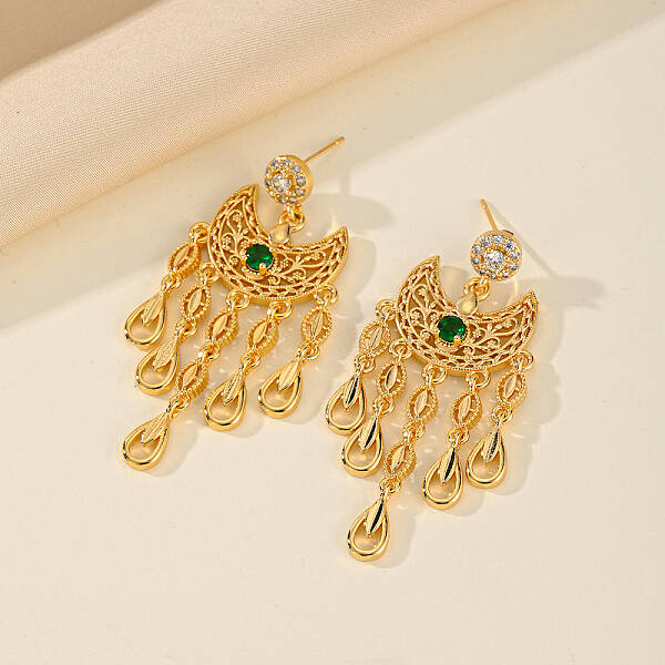 Golden Crescent Moon Tassel Brass Dangle Stud Earrings