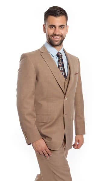 Tan Italian Wool Windowpane Vested 2 Button Suit