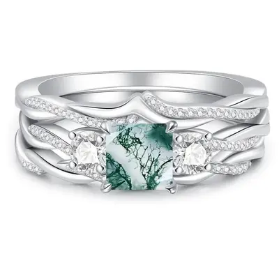 10K White Gold Moss Agate Ring