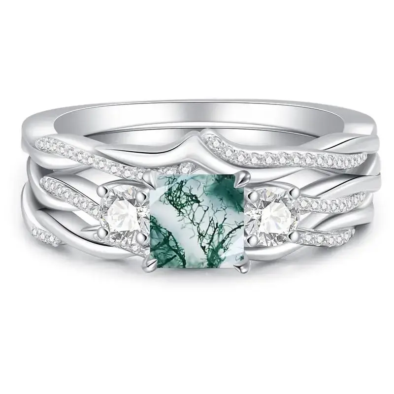 10K White Gold Moss Agate Ring
