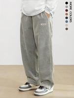 Men's Loose Letter Patched Drawstring Waist Straight Leg Pants, Casual Pocket Corduroy Baggy Trousers for Daily Wear, Nationa...
