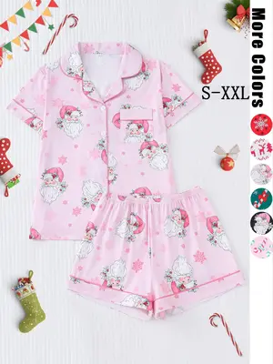 ăChristmasăWomen's Christmas Pajama Set, Soft Fabric, Santa & Reindeer Print, Button Front Shirt, Elastic Shorts, Holiday...