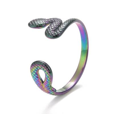 Ion Plating(IP) Rainbow Color 304 Stainless Steel Snake Wrap Open Cuff Ring for Women