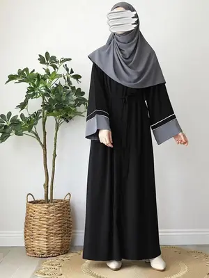 Women's Solid Color Striped Trim Long Sleeve Dress, Modest Casual Long Dress for Daily Wear, Women's Islamic Clothing for All...