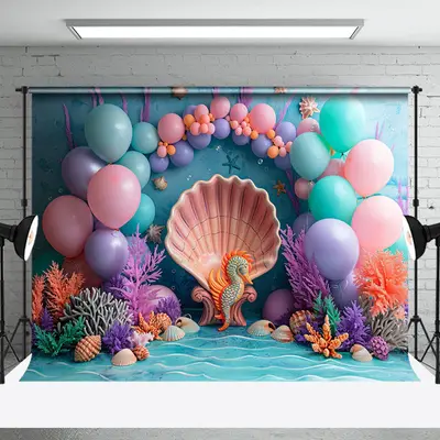Shell Seahorse Coral Mermaid Cake Smash Backdrop