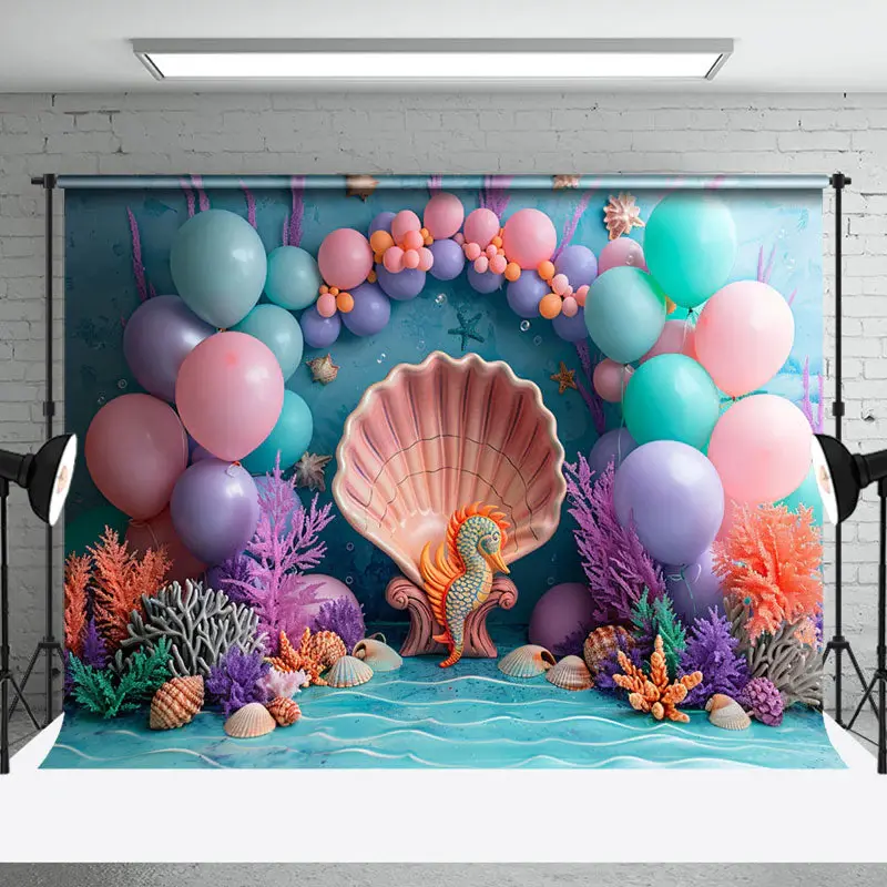 Shell Seahorse Coral Mermaid Cake Smash Backdrop