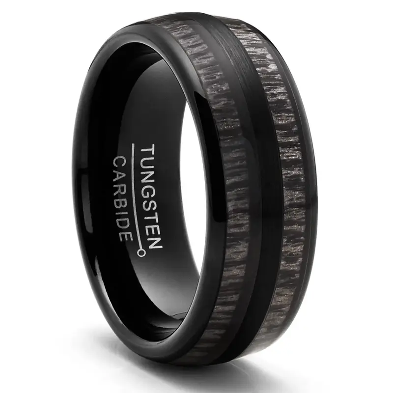 Men Tungsten Carbide Ring Dome Real Black Wood Inlay Wedding Band 8MMMM