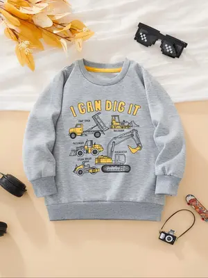 Toddler Boy's Cartoon Trucks & Letter Print Round Neck Sweatshirt, Casual Long Sleeve Pullover for Fall & Winter, Kids Clothe...