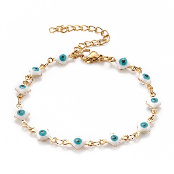 Enamel Rhombus with Evil Eye Link Chains Bracelet