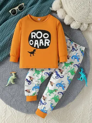 Toddler Boy's Dinosaur & Letter Print Two-Piece Set, Casual Round Neck Long Sleeve Top & Random Printed Elastic Waist Trouser...