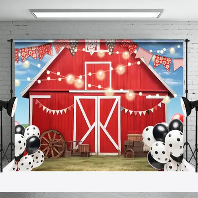 Red Farm House Balloon Birthday Cake Smash Backdrop - Aperturee