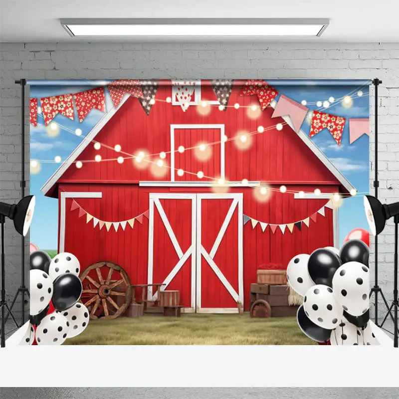 Red Farm House Balloon Birthday Cake Smash Backdrop - Aperturee