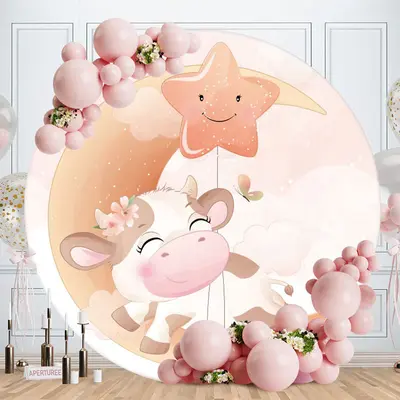 Aperturee Pink Moon Star And Cow Round Baby Shower Backdrop