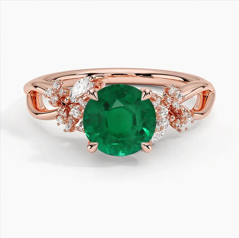 10K Rose Gold Round Cut Emerald & 0.25 CT.T.W. Lab Created Diamond Engagement Band