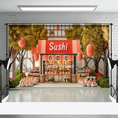 Aperturee Cute Sushi Store Trees Lantern Cake Smash Backdrop, 3X2FT(1MX0.6M), 14 USD, birthday cake smash backdrops, ENHD2J46...