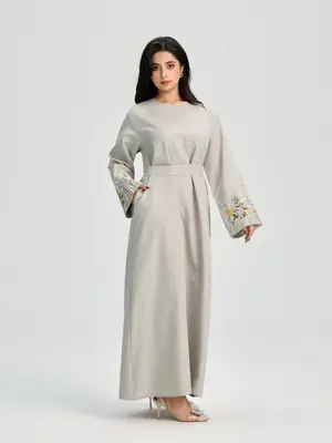 Women's Floral Embroidery Long Sleeve Dress, Modest Casual Round Neck Dress for Daily Wear, Ladies Islamic Clothing for All S...