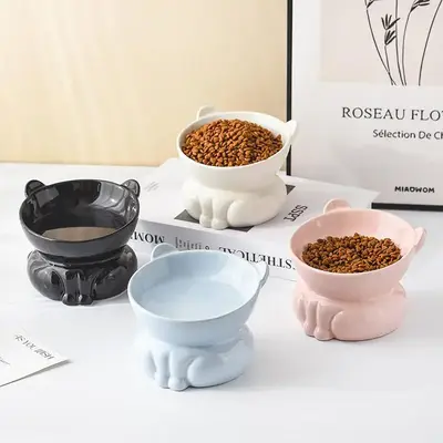 Ceramic Cat Food Bowl, 1 Count Cute Cartoon Design Pet Feeding Bowl, High Foot Slanted Mouth Cat Feeding Bowl, Pet Feeding Su...