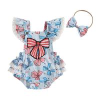 4th of July Baby Girl Outfits Sleeveless Star Bow Print Bow Embroidered Lace Trim Ruffles Bubble Romper Newborn Independence ...
