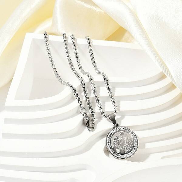 304 Stainless Steel Micro Pave Clear Cubic Zirconia Flat Round Pendant Box Chain Necklaces for Men