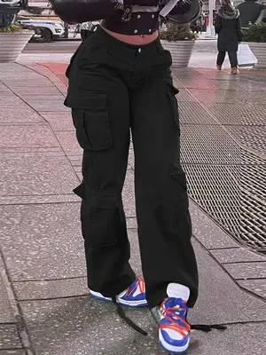 Women's Plain Drawstring High Waist Button Cargo Pants, Casual Streetwear Pocket Design Trousers for Daily Wear, Ladies Botto...