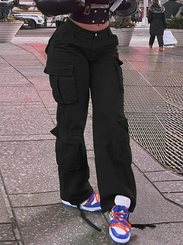 Women's Plain Drawstring High Waist Button Cargo Pants, Casual Streetwear Pocket Design Trousers for Daily Wear, Ladies Botto...