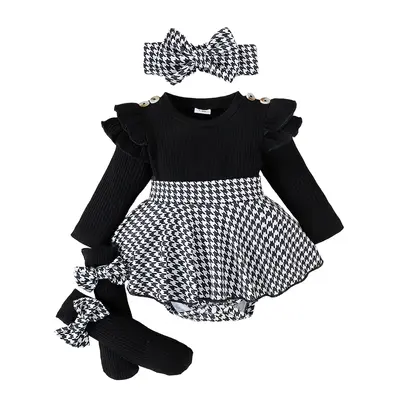 Baby Girl Spring 3Piece Outfits Sets Long Sleeve Houndstooth Print Romper Dress with Headband and Long Socks