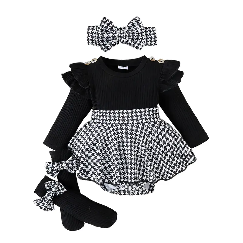 Baby Girl Spring 3Piece Outfits Sets Long Sleeve Houndstooth Print Romper Dress with Headband and Long Socks