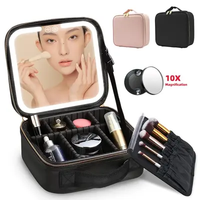 Travel Cosmetic Bag with LED Lighting Cosmetic Bag With Mirror 3 Color Set Cosmetic Cosmetic Case Rechargeable Accessory Box ...