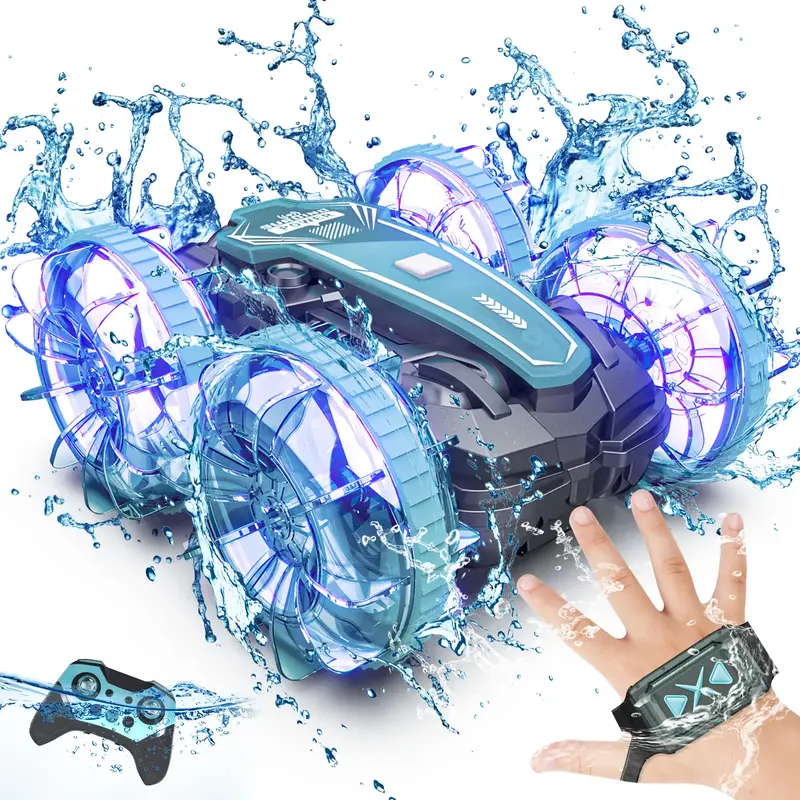【Tecnock】RC Car Boat, 2.4Ghz Gesture RC Car with 2 Remote Controls, All-terrain Stunt Car with LED Lights, Kids Pool Toys...