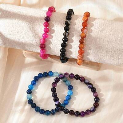 Natural Striped Agate/Banded Agate Beaded Stretch Bracelets