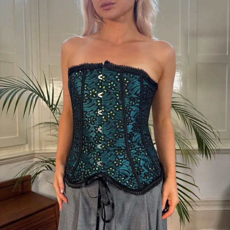 Vaacodor Embroidered Corset - Large Blue Polyester Blend